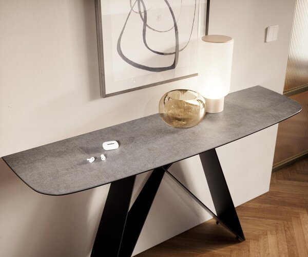 DELIFE Konzolový stůl Edge oválný tvar 140×40 cm keramika beton šedá Velio kov černá