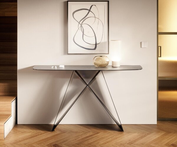 DELIFE Konzolový stůl Edge oválný tvar 140×40 cm keramika beton šedá Velio kov černá