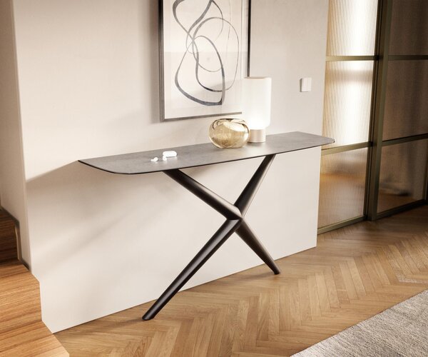 DELIFE Konzolový stolek Edge oválný 140×40 cm keramika beton šedá Estelo kov černá