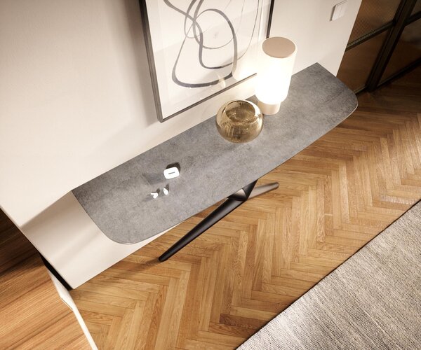 DELIFE Konzolový stolek Edge oválný 140×40 cm keramika beton šedá Estelo kov černá