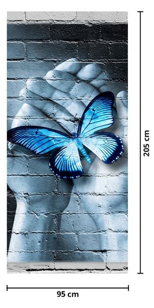Fototapeta na dveře - Modrý motýl na zdi (95x205cm)