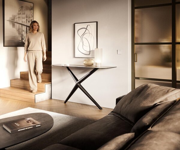 DELIFE Konzolový stolek Edge oválný 140×40 cm keramika beton šedá Estelo kov černá