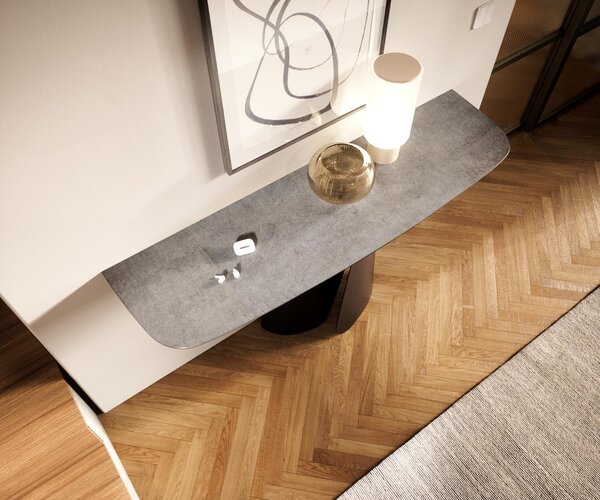 DELIFE Konzolový stůl Edge oválný tvar 140×40 cm keramika beton šedá Livos kov černá