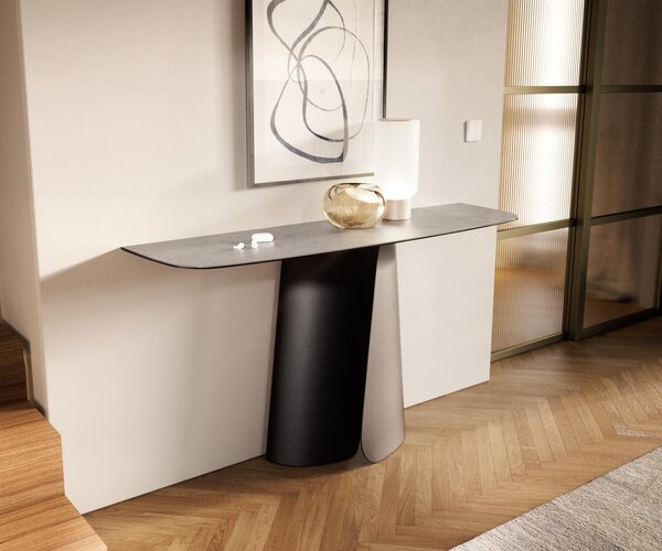 DELIFE Konzolový stůl Edge oválný tvar 140×40 cm keramika beton šedá Livos kov černá