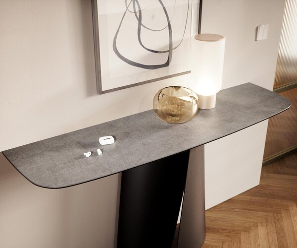 DELIFE Konzolový stůl Edge oválný tvar 140×40 cm keramika beton šedá Livos kov černá