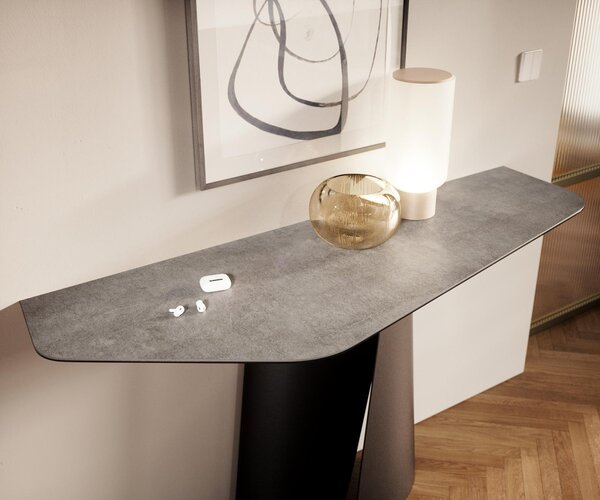 DELIFE Konzolový stůl Edge polygonální 140×50 cm keramika beton šedá Spios kov černá