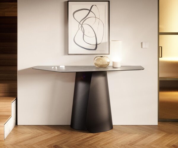 DELIFE Konzolový stůl Edge polygonální 140×50 cm keramika beton šedá Spios kov černá