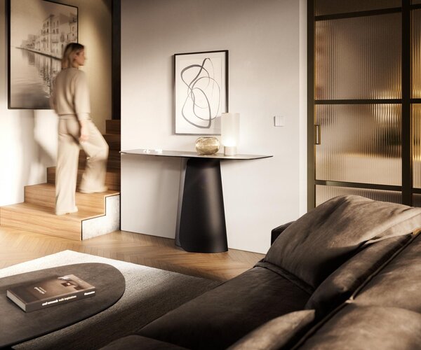 DELIFE Konzolový stůl Edge oválný tvar 140×40 cm keramika beton šedá Livos kov černá