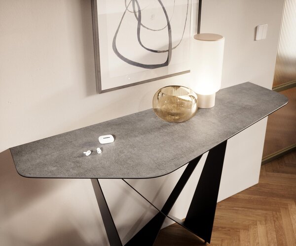 DELIFE Konzolový stůl Edge polygonální 140×50 cm keramika beton šedá Livos kov černá