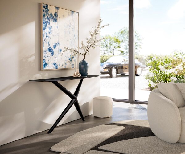 DELIFE Konzolový stůl Edge oválný tvar 140×40 cm keramika Laminam® Nero Greco antracit Estelo kov černá