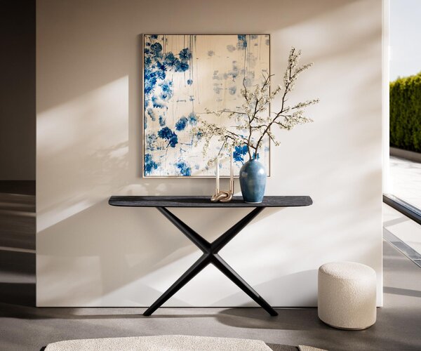 DELIFE Konzolový stůl Edge oválný tvar 140×40 cm keramika Laminam® Nero Greco antracit Estelo kov černá