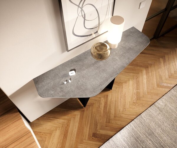 DELIFE Konzolový stůl Edge polygonální 140×50 cm keramika beton šedá Livos kov černá