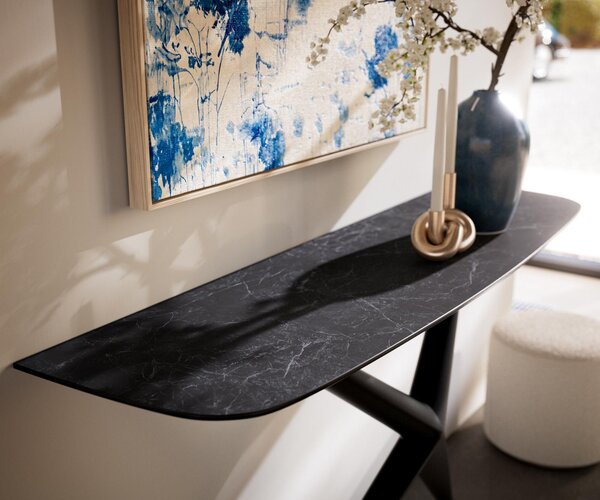 DELIFE Konzolový stůl Edge oválný tvar 140×40 cm keramika Laminam® Nero Greco antracit Estelo kov černá