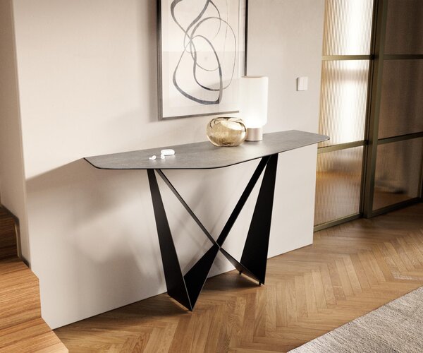 DELIFE Konzolový stůl Edge polygonální 140×50 cm keramika beton šedá Livos kov černá