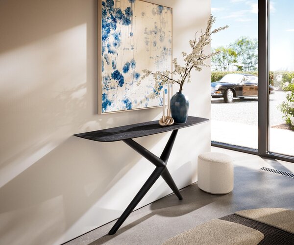 DELIFE Konzolový stůl Edge oválný tvar 140×40 cm keramika Laminam® Nero Greco antracit Estelo kov černá