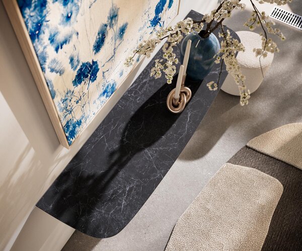 DELIFE Konzolový stůl Edge oválný tvar 140×40 cm keramika Laminam® Nero Greco antracit Velio kov černá