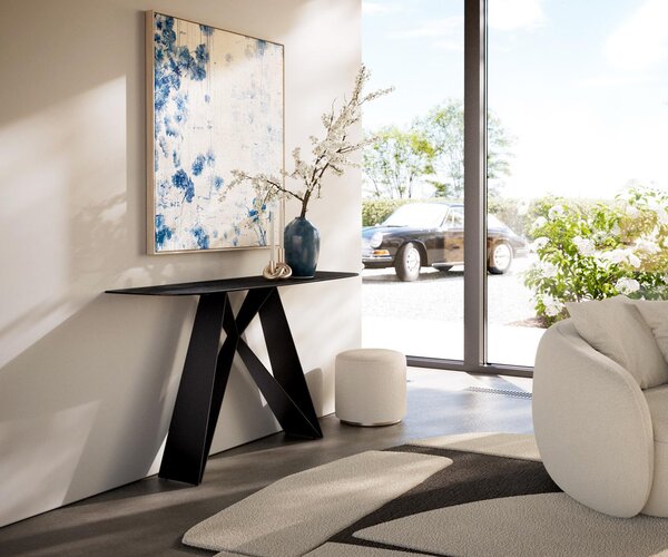 DELIFE Konzolový stůl Edge oválný tvar 140×40 cm keramika Laminam® Nero Greco antracit Velio kov černá