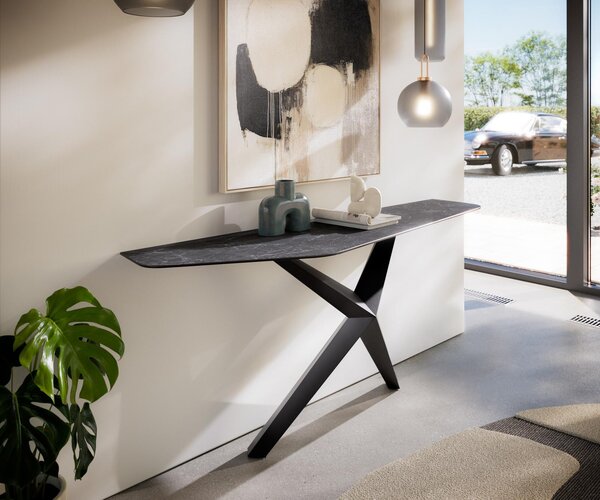 DELIFE Konzolový stůl Edge polygonální 180×50 cm keramika Laminam® Nero Greco antracit Zentharo kov černá