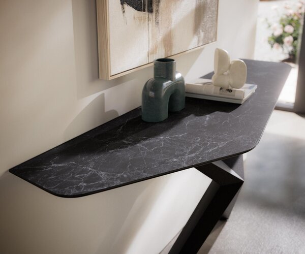 DELIFE Konzolový stůl Edge polygonální 180×50 cm keramika Laminam® Nero Greco antracit Zentharo kov černá