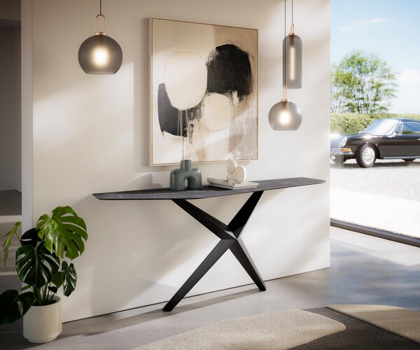 DELIFE Konzolový stůl Edge polygonální 180×50 cm keramika Laminam® Nero Greco antracit Zentharo kov černá