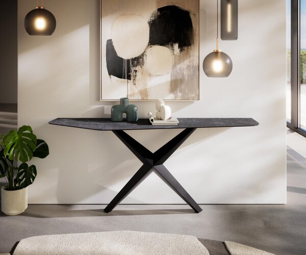 DELIFE Konzolový stůl Edge polygonální 180×50 cm keramika Laminam® Nero Greco antracit Zentharo kov černá