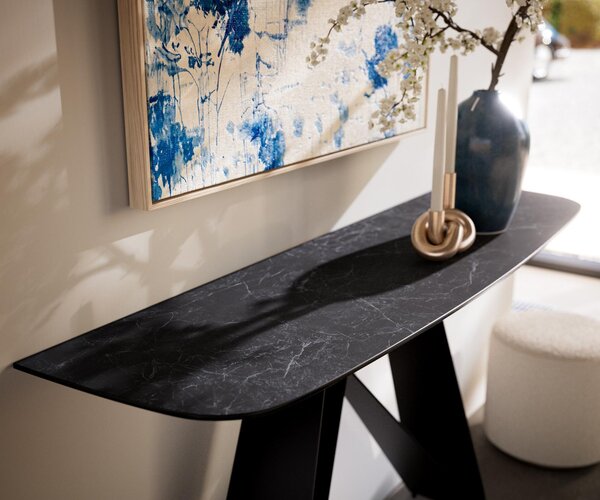 DELIFE Konzolový stůl Edge oválný tvar 140×40 cm keramika Laminam® Nero Greco antracit Velio kov černá