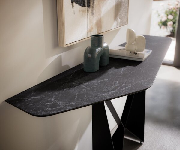 DELIFE Konzolový stůl Edge polygonální 180×50 cm keramika Laminam® Nero Greco antracit Spios kov černá