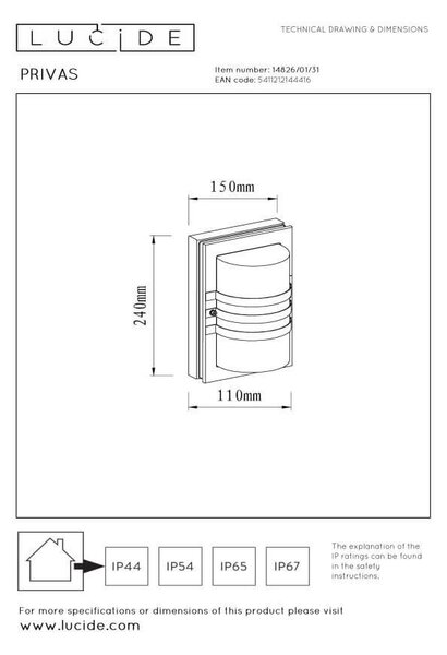Lucide L148260131 venkovní nástěnné svítidlo PRIVAS E27