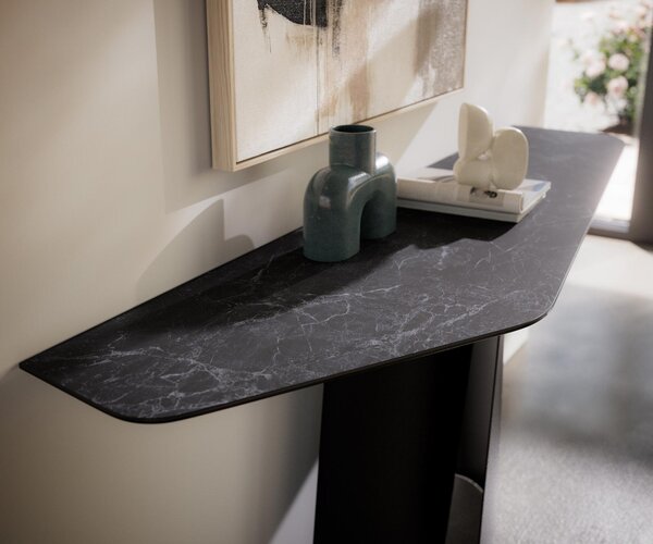 DELIFE Konzolový stůl Edge polygonální 180×50 cm keramika Laminam® Nero Greco antracitová Livos kov černá