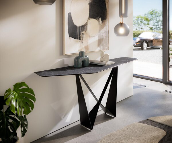 DELIFE Konzolový stůl Edge polygonální 180×50 cm keramika Laminam® Nero Greco antracit Spios kov černá