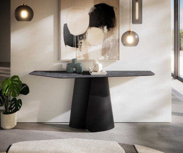 DELIFE Konzolový stůl Edge polygonální 180×50 cm keramika Laminam® Nero Greco antracitová Livos kov černá