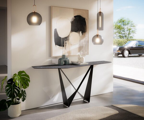 DELIFE Konzolový stůl Edge polygonální 180×50 cm keramika Laminam® Nero Greco antracit Spios kov černá