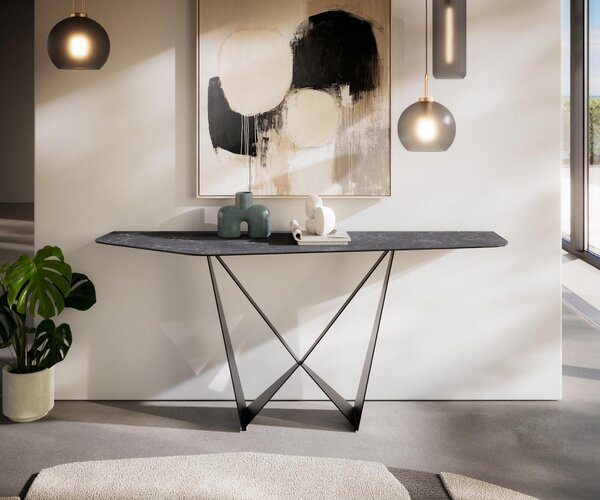 DELIFE Konzolový stůl Edge polygonální 180×50 cm keramika Laminam® Nero Greco antracit Spios kov černá