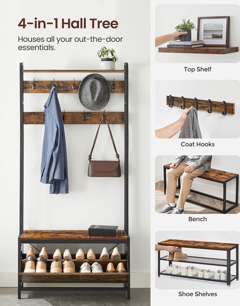 VASAGLE Věšák s výklopným botníkem hnědý