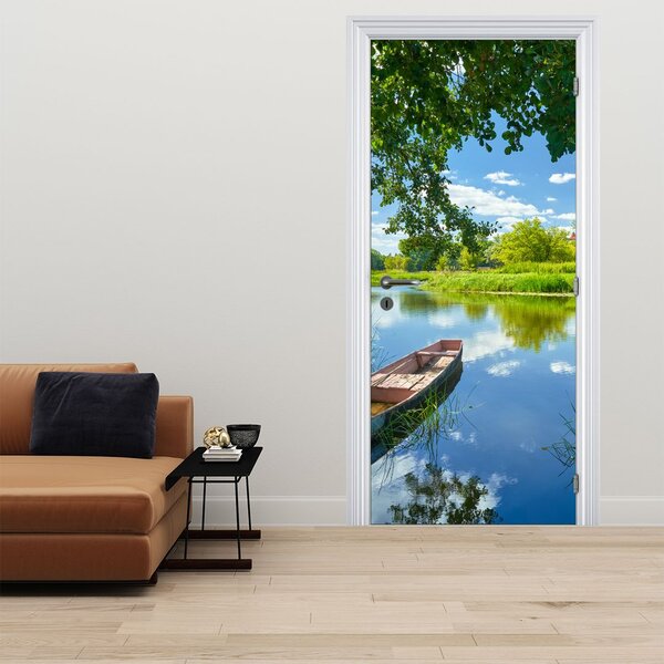 Fototapeta na dveře - Letní řeka s loďkou (95x205cm)