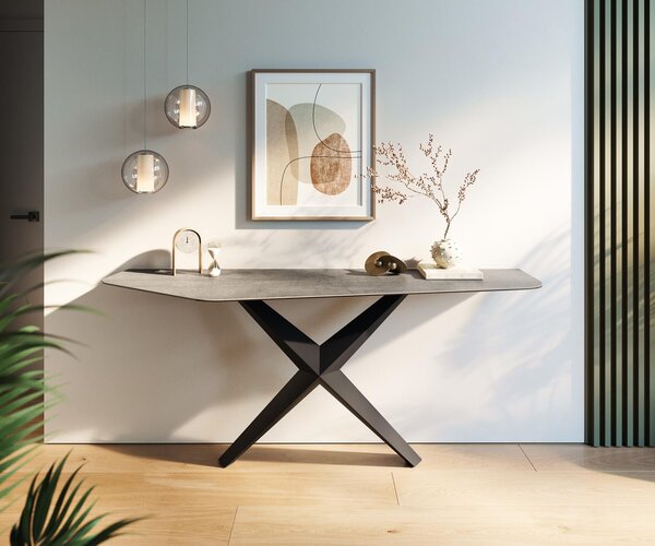 DELIFE Konzolový stůl Edge polygonální 180×50 cm keramika beton šedá Zentharo kov černá
