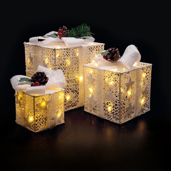 Solight sada 3 LED vánočních dárků, 48x LED, IP44, 230V, bílé provedení 1V304