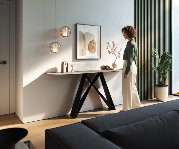 DELIFE Konzolový stůl Edge oválný tvar 180×40 cm keramika beton šedá Velio kov černá