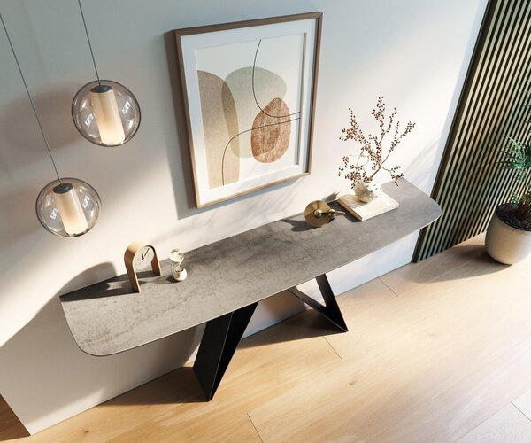 DELIFE Konzolový stůl Edge oválný tvar 180×40 cm keramika beton šedá Velio kov černá