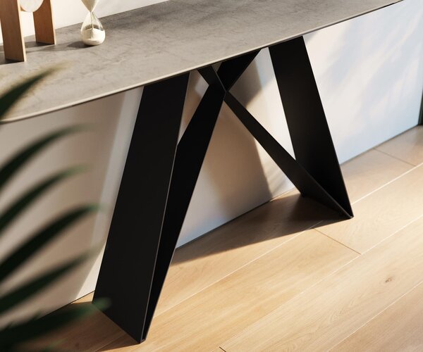 DELIFE Konzolový stůl Edge oválný tvar 180×40 cm keramika beton šedá Velio kov černá