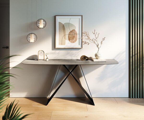 DELIFE Konzolový stůl Edge oválný tvar 180×40 cm keramika beton šedá Velio kov černá