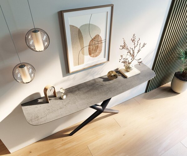 DELIFE Konzolový stůl Edge oválný tvar 180×40 cm keramika beton šedá Estelo kov černá