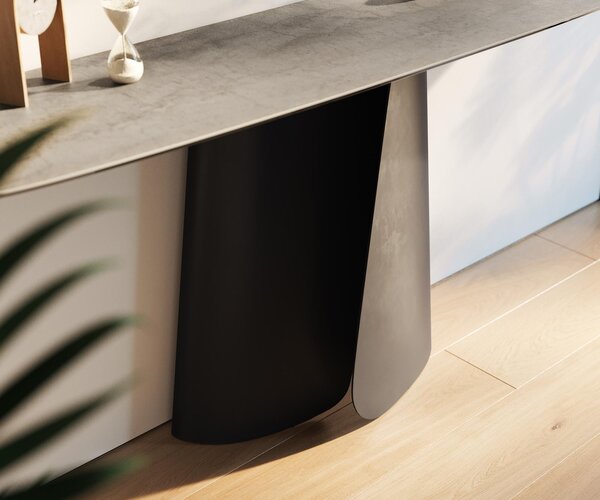 DELIFE Konzolový stůl Edge oválný tvar 180×40 cm keramika beton šedá Livos kov černá