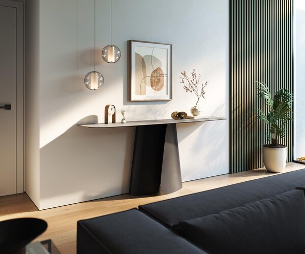 DELIFE Konzolový stůl Edge oválný tvar 180×40 cm keramika beton šedá Livos kov černá