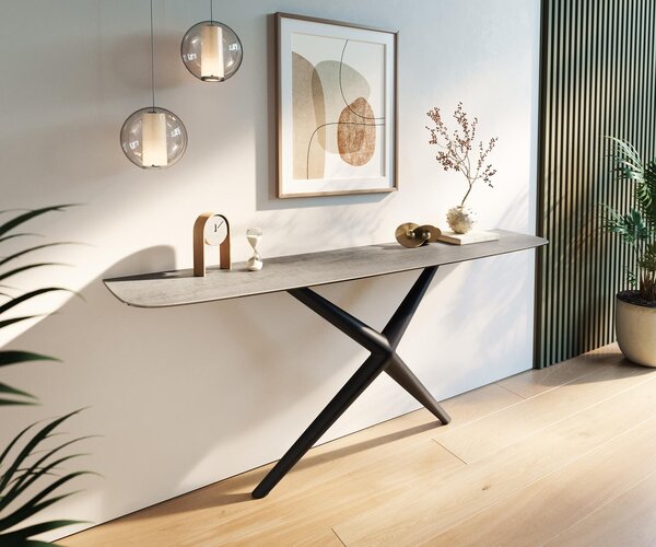 DELIFE Konzolový stůl Edge oválný tvar 180×40 cm keramika beton šedá Estelo kov černá
