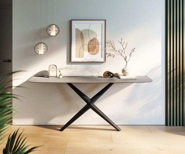 DELIFE Konzolový stůl Edge oválný tvar 180×40 cm keramika beton šedá Estelo kov černá