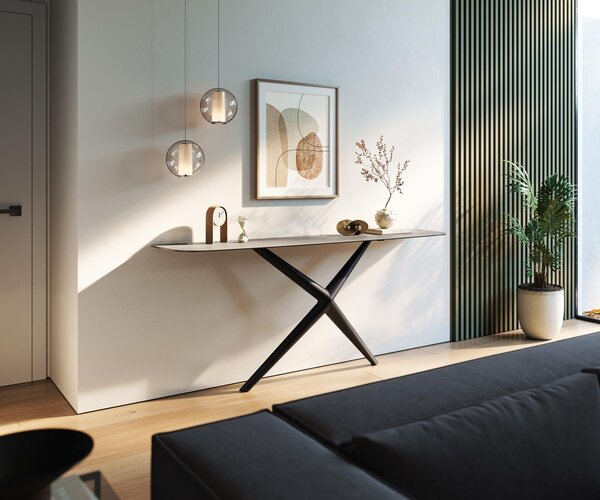 DELIFE Konzolový stůl Edge oválný tvar 180×40 cm keramika beton šedá Estelo kov černá