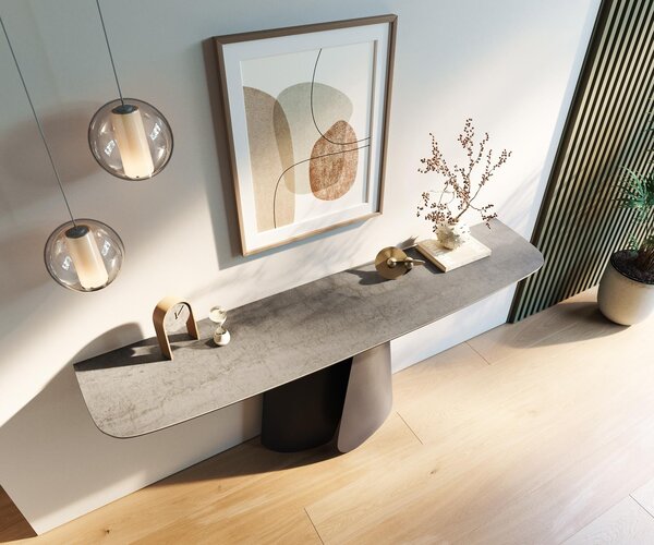DELIFE Konzolový stůl Edge oválný tvar 180×40 cm keramika beton šedá Livos kov černá