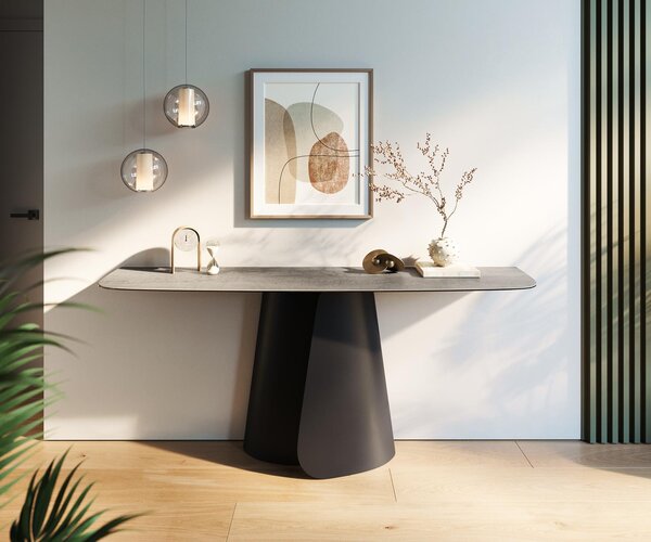 DELIFE Konzolový stůl Edge oválný tvar 180×40 cm keramika beton šedá Livos kov černá