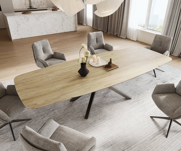 DELIFE Jídelní stůl Edge oválný tvar 200-300×120 cm keramika Laminam® Sabbia dubová barva křížová podnož nerezová ocel grafit rozkládací